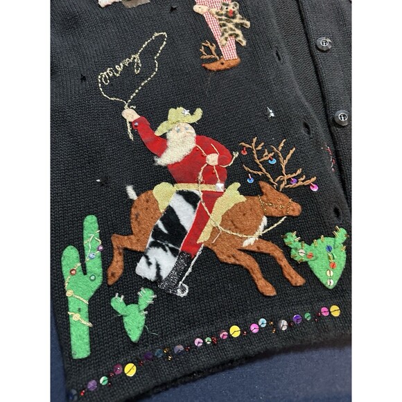 Christmas Sweater Santa Claus Susan Bristol Sz M Cowboy Pajamas Embellished VTG - Picture 10 of 16